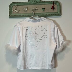 clueless ugh As if white cropped button front sleep top with faux fur sleeve M/L